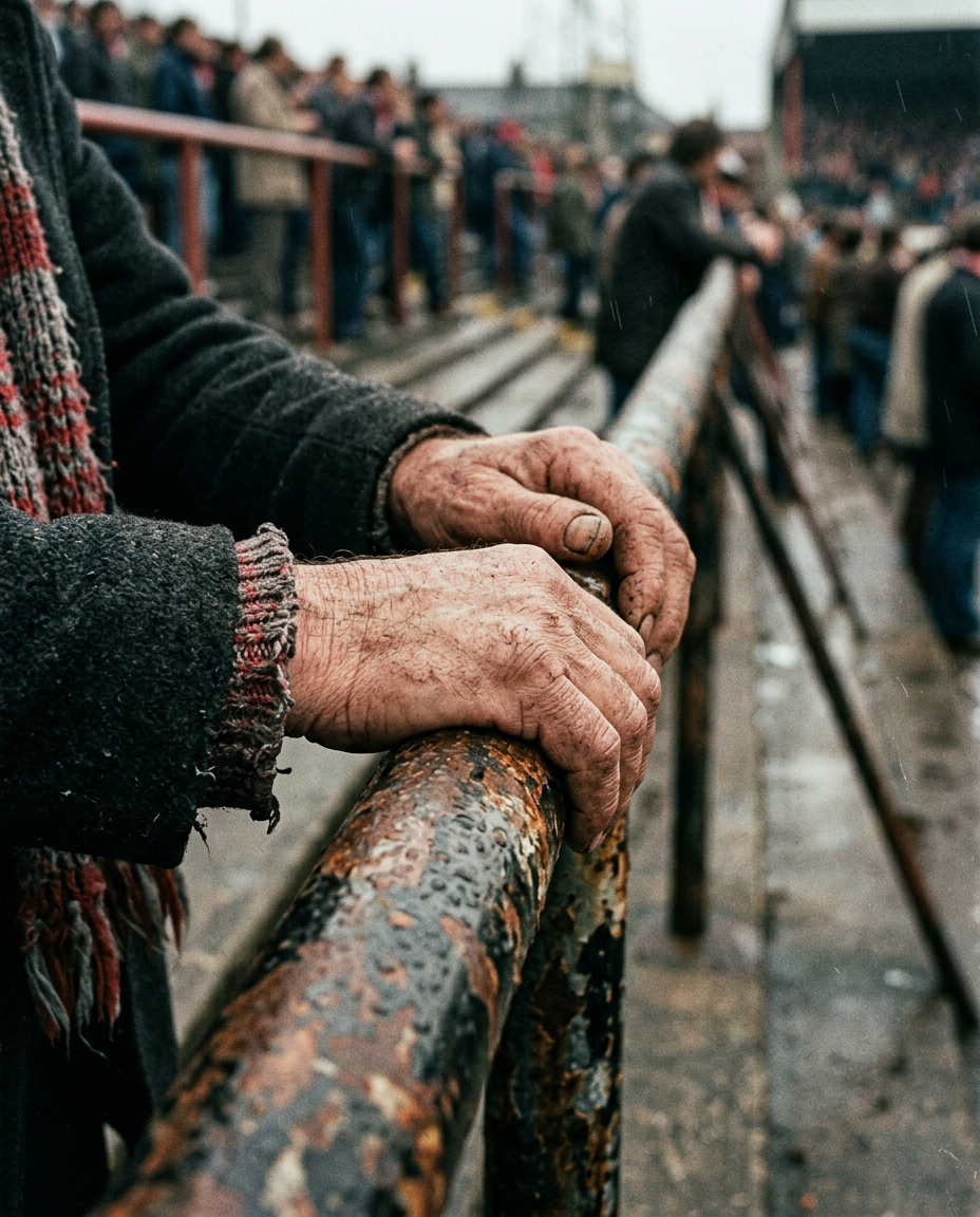 A lone supporter on an empty rain-soaked terrace