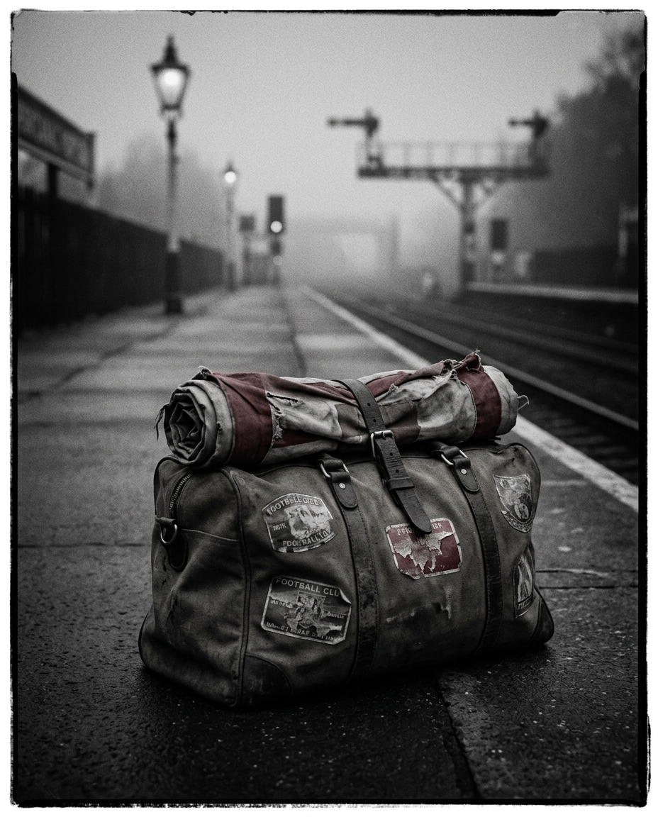 A rolled banner strapped to a bag on a railway platform