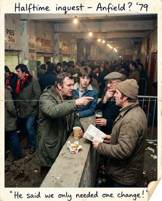 Supporters arguing tactics at halftime with programmes and tea