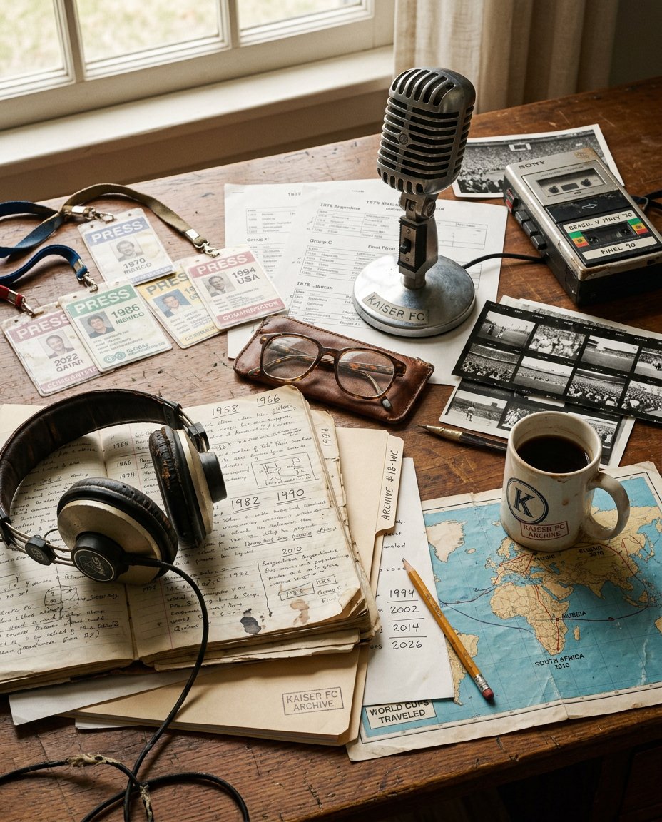 A microphone, notebook and press credential — the tools of a football witness