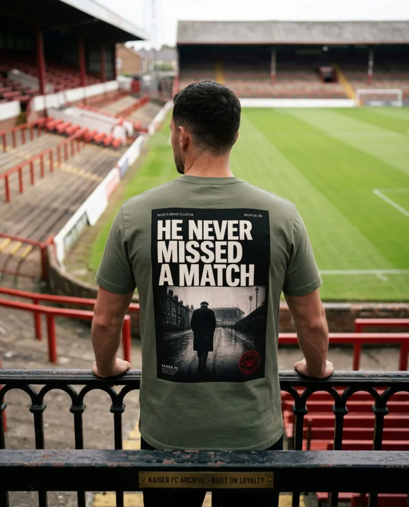 He Never Missed A Match football culture t-shirt — Kaiser FC archive