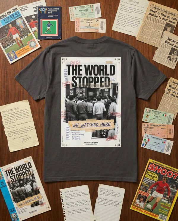 magnific_museumquality-flat-lay-ph_TeyccFjVNR The World Stopped T-Shirt | Every Four Years Collection | Football Culture Archive Tee | World Cup Inspired Graphic Shirt | Kaiser FC Archive No. 001