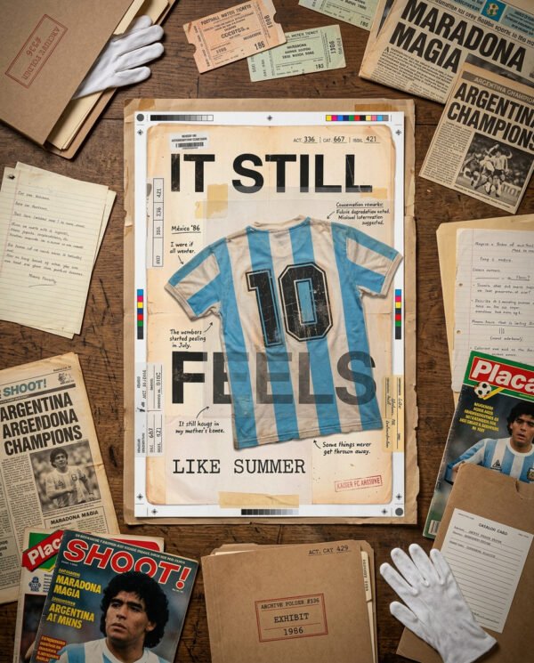 magnific_museumquality-flat-lay-ph_UyuZvDtwny It Still Feels Like Summer T-Shirt | Argentina 1986 Archive Tee | Vintage World Cup Shirt | Football Culture T-Shirt | Kaiser FC Archive No. 010C