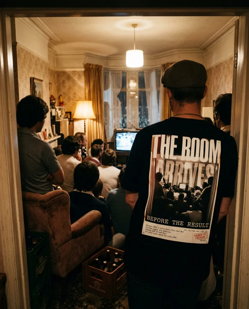 The Room Arrives Before The Result — World Cup football culture t-shirt — Kaiser FC archive, front print