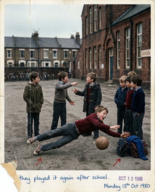 Children replaying the match in a schoolyard, jumpers for goalposts