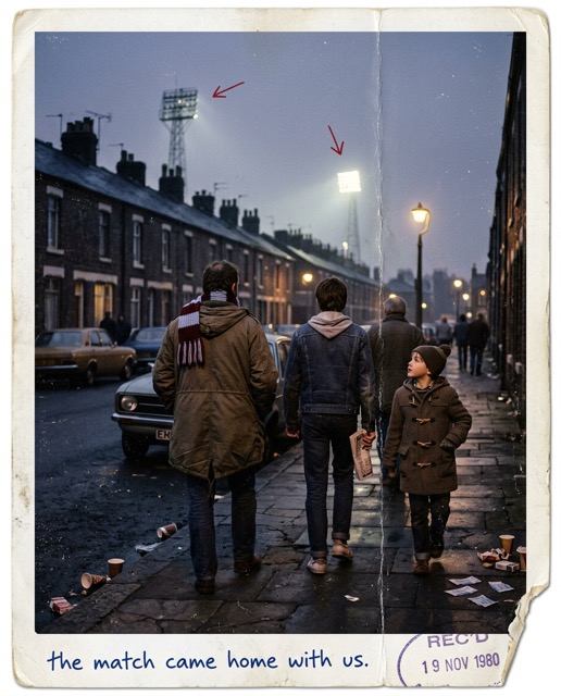 A father and child walking away as the stadium fades behind them