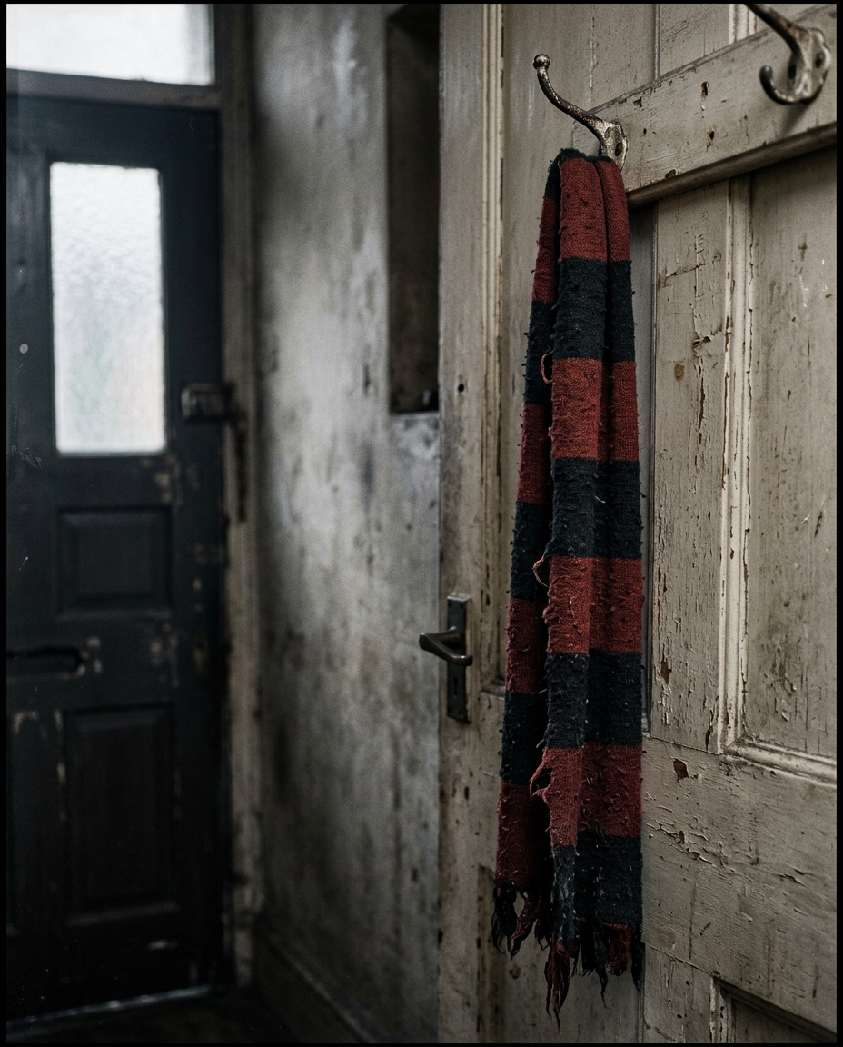 A club scarf hanging on a hook by the door
