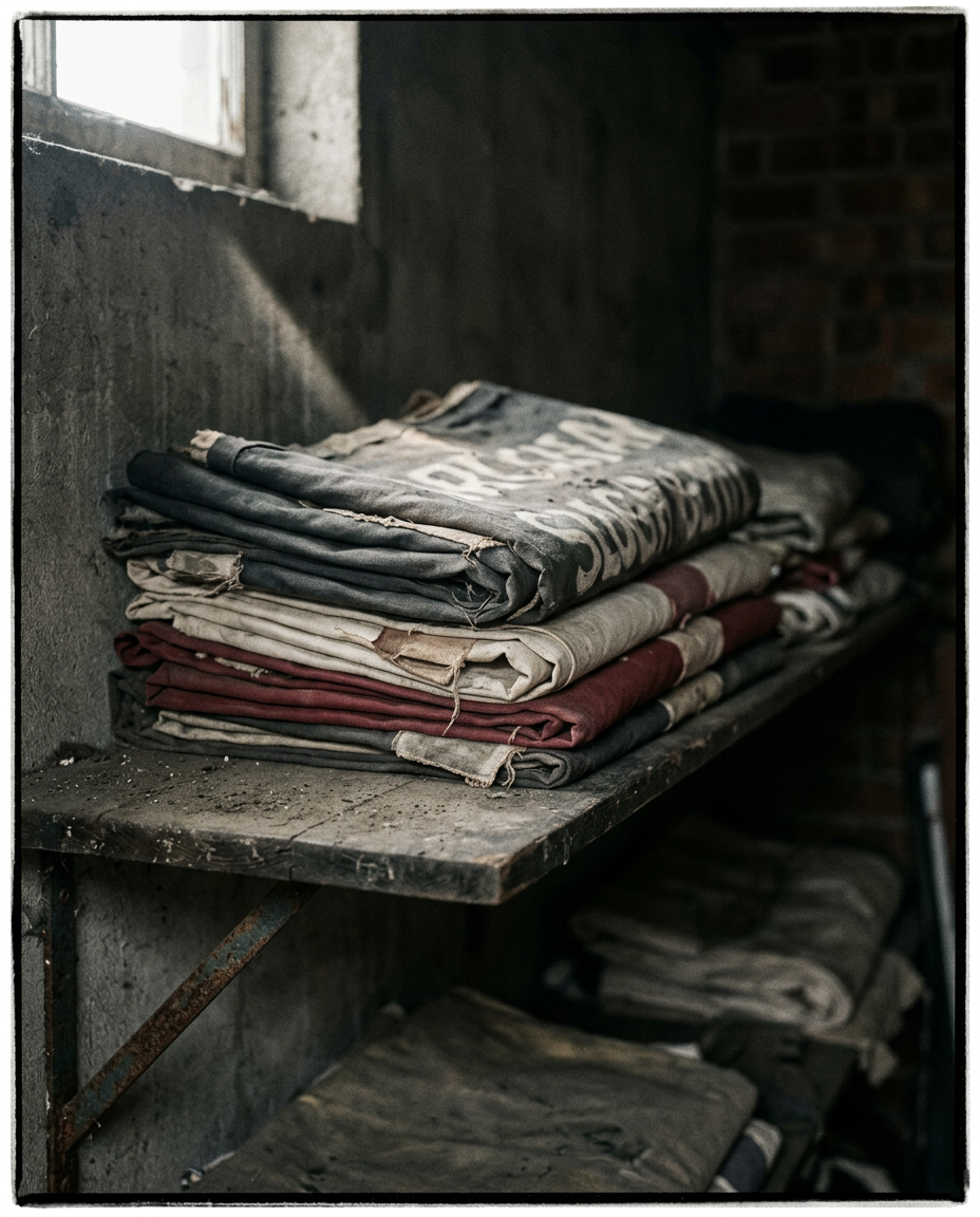 Folded football banners resting in storage