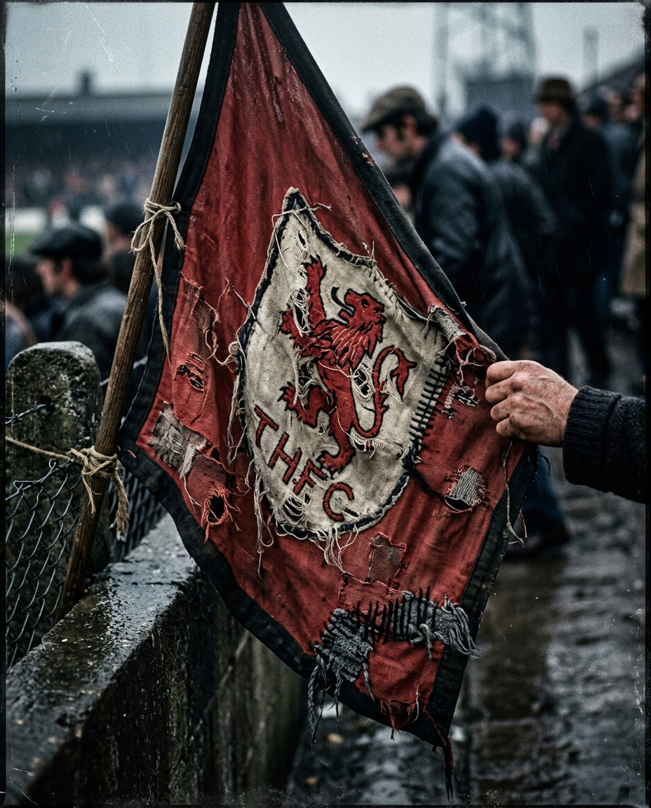 A frayed hand-stitched football banner