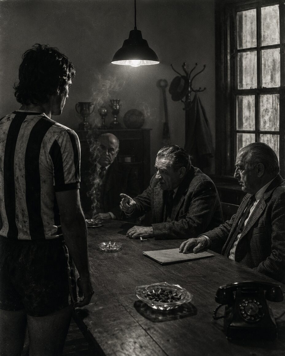 A dim club boardroom at night, directors around a table, a folded sheet of paper and glasses of whisky