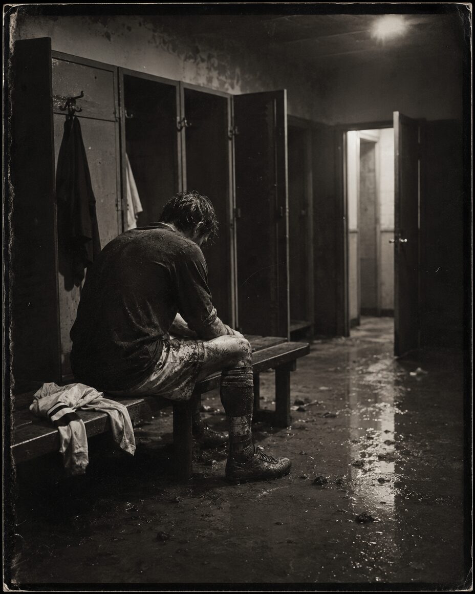 An emptied locker and a torn captain's shirt in a dim dressing room after the match