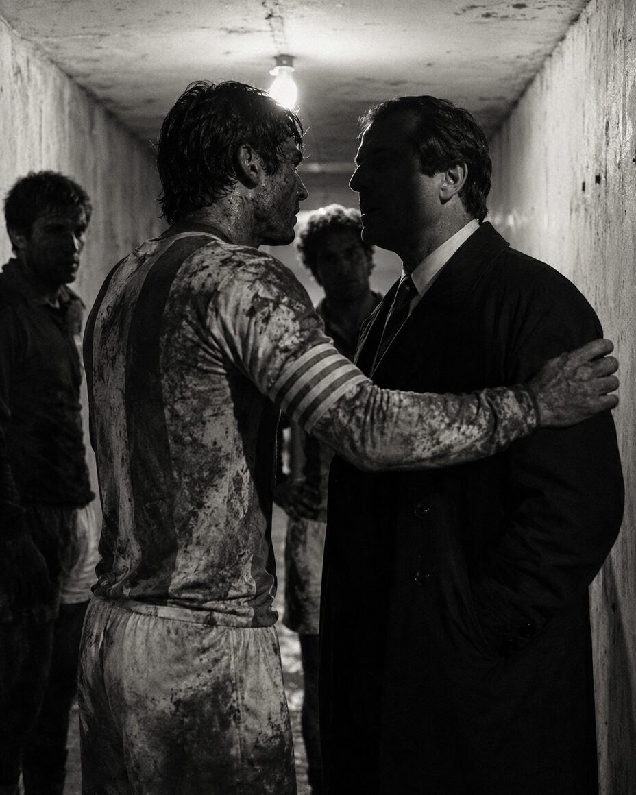 A muddied captain on a floodlit pitch pulling his team forward as the crowd rises behind him