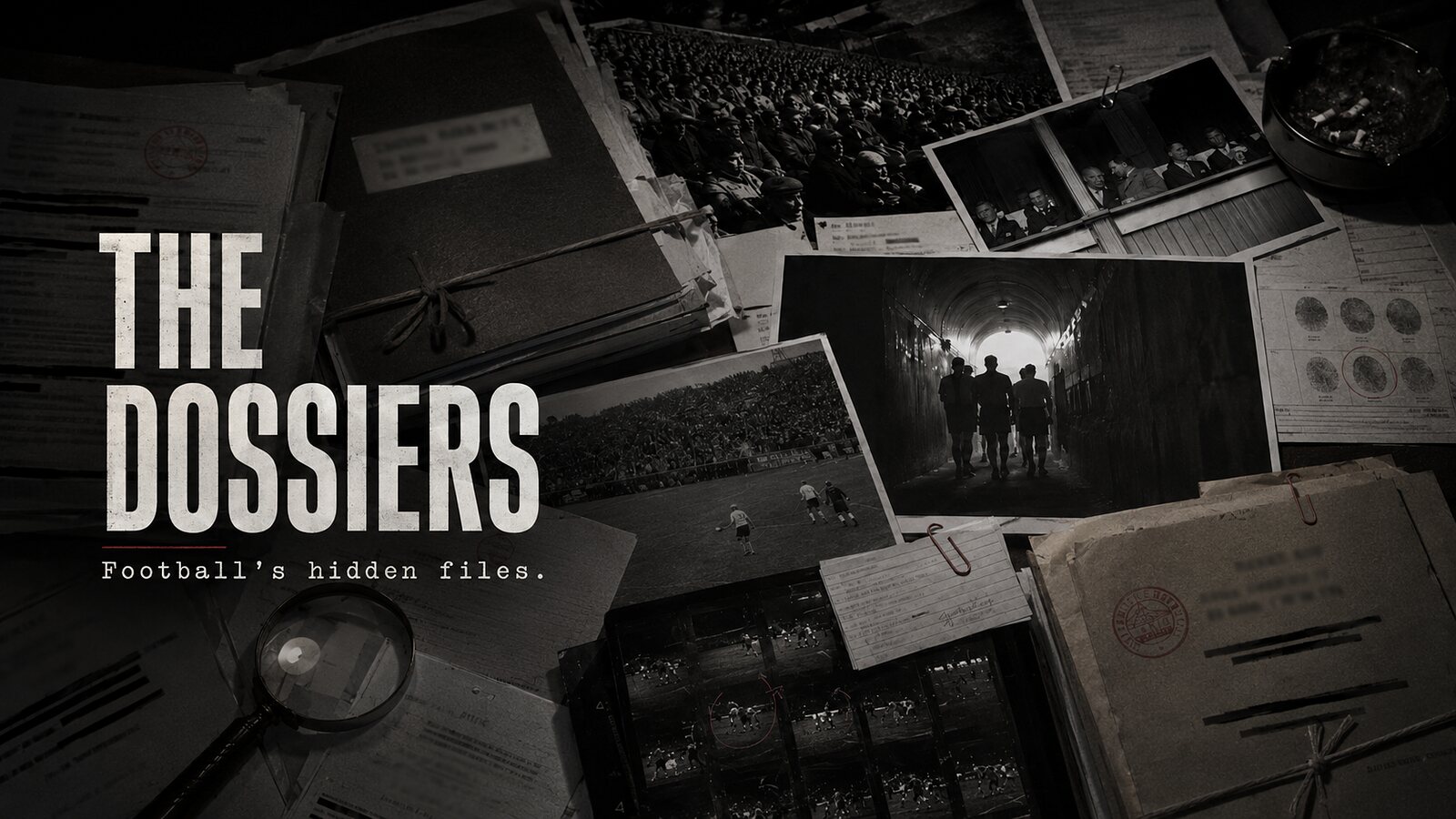 The Dossiers &mdash; Football's hidden files. A desk covered with archive folders, contact sheets and match photographs.