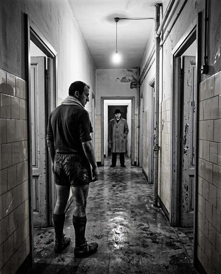 A player walking down a dim dressing-room corridor toward a motionless figure in a long grey overcoat and hat