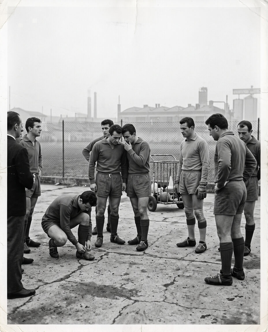 A footballer standing apart from his teammates on a training pitch in 1960s industrial Italy, unremarkable and unnoticed