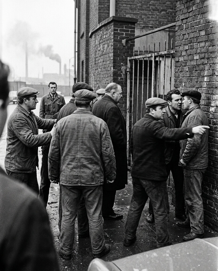 A club president walks a stadium corridor in the late 1960s, flanked on both sides by men in brown industrial jackets, opponents pressed against the wall