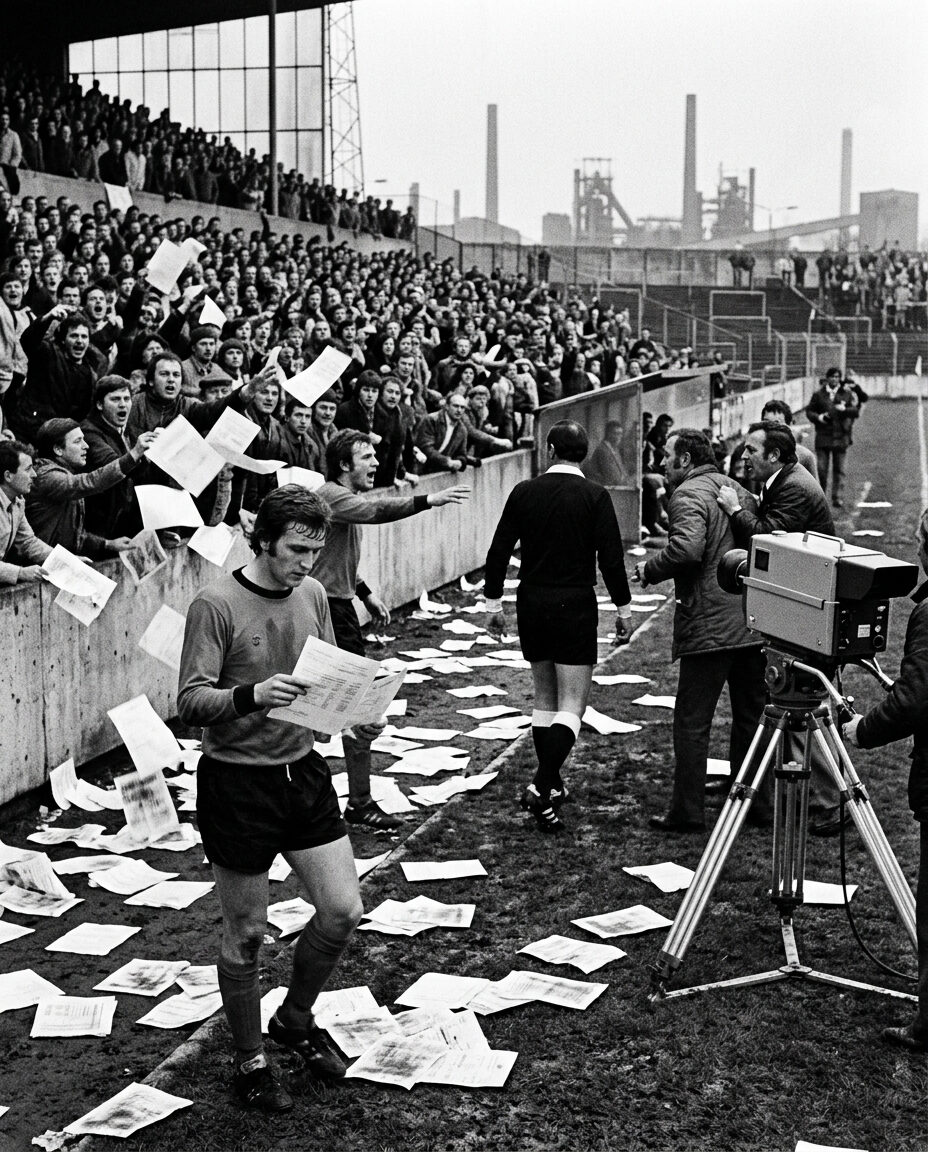 A football pitch and technical area covered in thousands of loose documents during a 1970s match, an old television camera pointed toward the directors' box