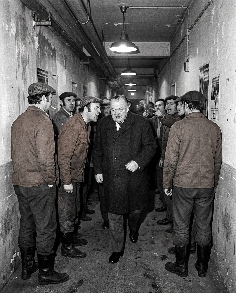 A man escorted through a narrow stadium service tunnel while men line both walls with their backs turned to him