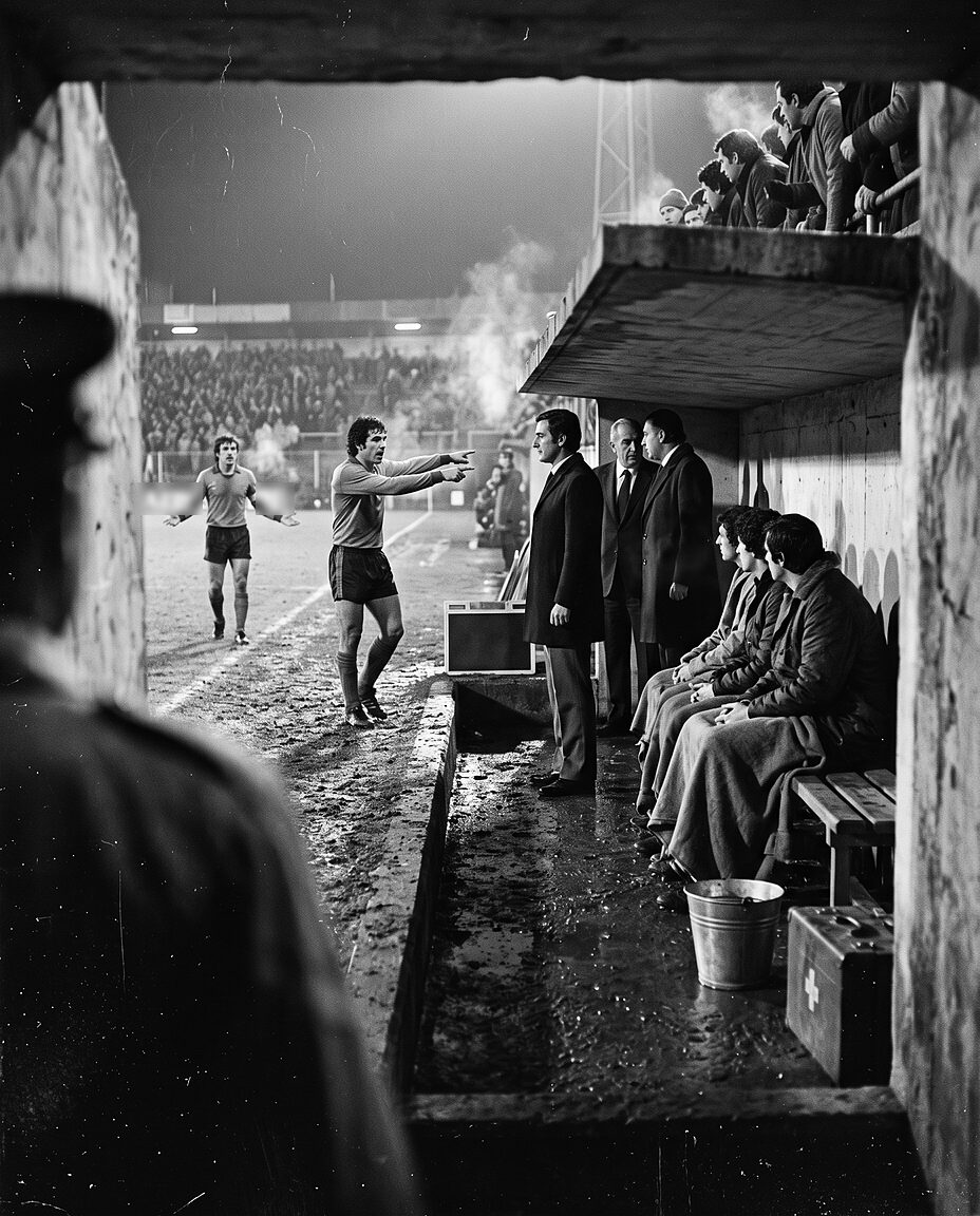 A player leaves his position and shouts toward the bench from the touchline late in a 1978 final, officials in overcoats watching from the dugout