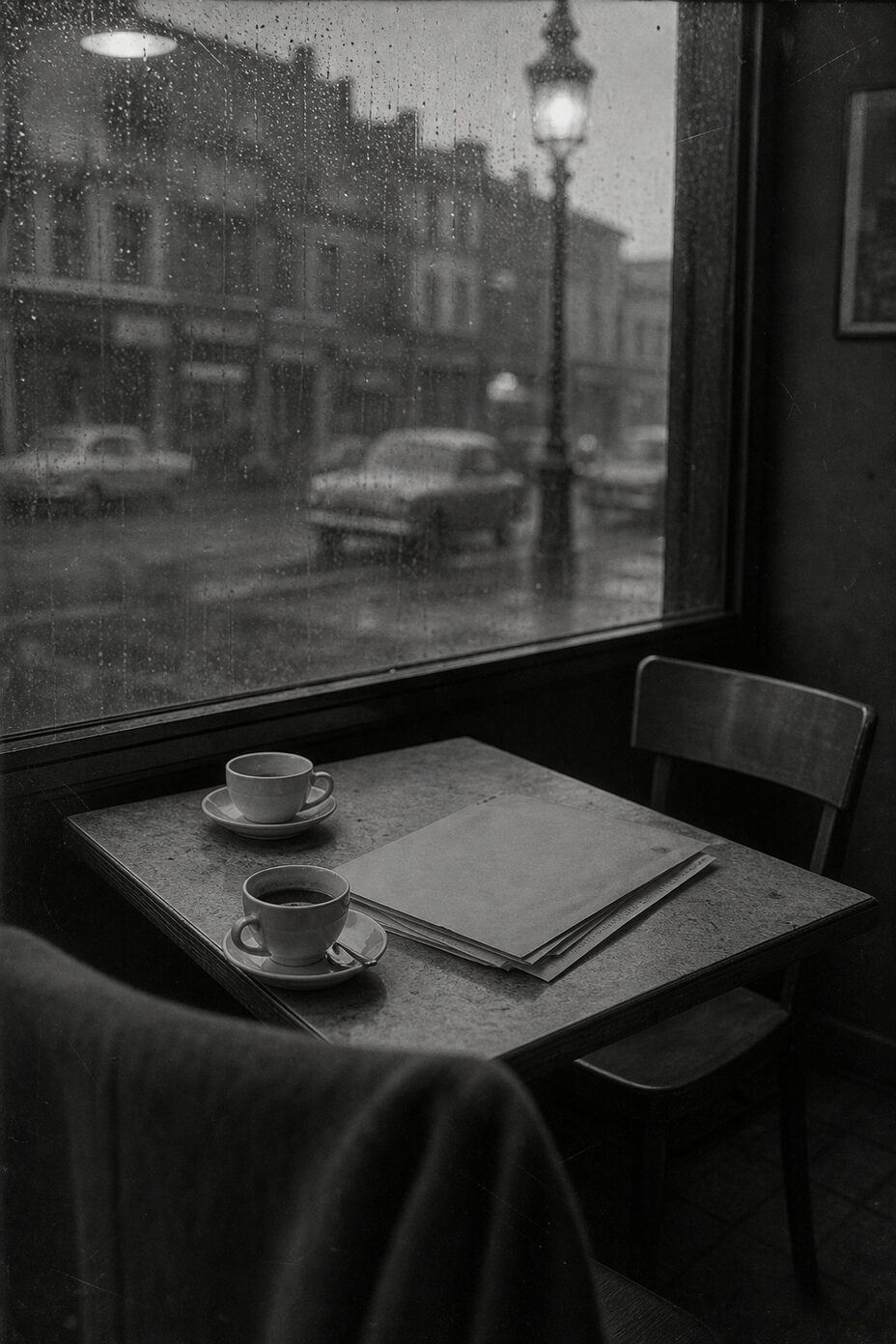An unfinished cup of coffee on a table beside papers